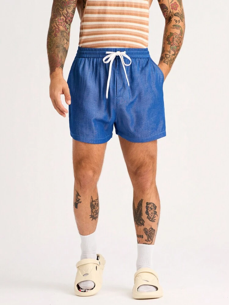 Men's Denim Effect Blue Drawstring Waist Shorts