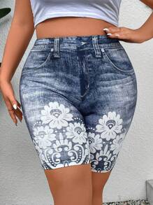 EMERY ROSE 大码女式牛仔效果数码花卉印花短款紧身裤，夏季 - 彩色 - 查看 3
