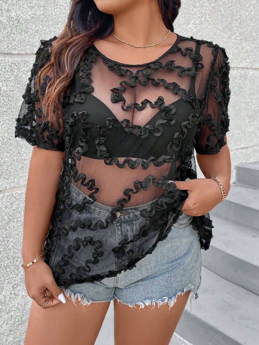 SHEIN Clasi Plus Size Floral Patchwork Loose Fit Short Sleeve Top With Round Neck - Black - View 1