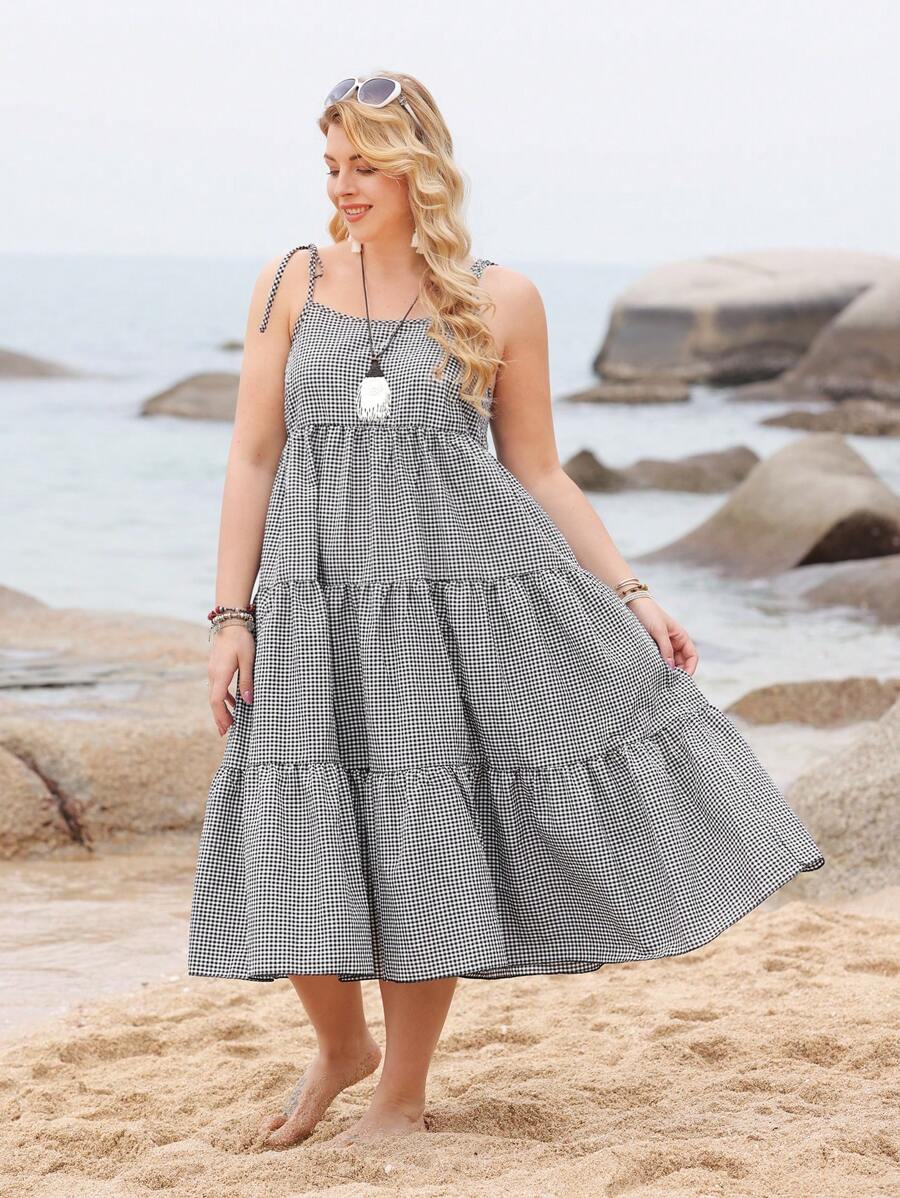 SHEIN LUNE 大尺碼女士格紋印花無袖連衣裙 - 黑色 - 查看 1