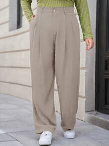 Dazy Plus Plus Size Solid Color Pleated Loose Straight-Leg Trousers
