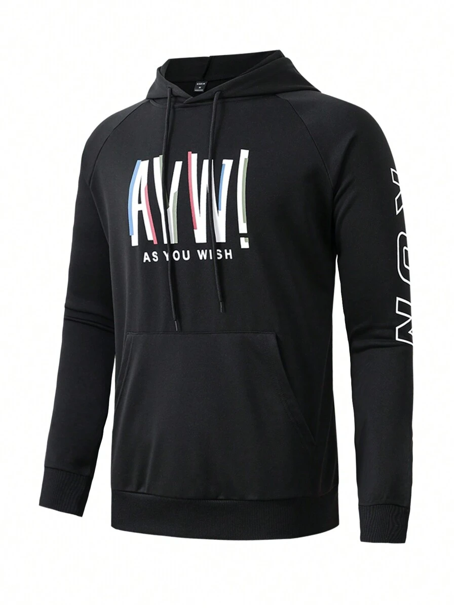 Manfinity Athleisure Áo nỉ thể thao nam có mũ in chữ, áo nỉ nam - màu đen - Xem 1