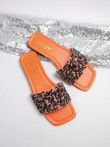 女士加大码平底凉鞋 2024 新款低跟水钻装饰简约系带舒适露趾户外休闲拖鞋 - 橘色 - 查看 6