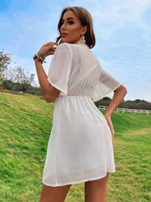 SHEIN Swim 純色花邊拼接收腰遮陽衣 - 白色 - 查看 2