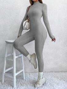 SHEIN Unity 女款純色立領長袖連身褲 - 灰色 - 查看 1