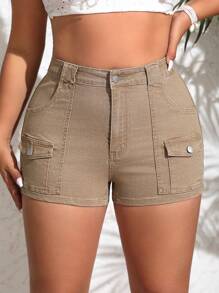 SHEIN EZwear Kích thước lớn Flip Túi Gầy Quần short Denim - Màu Khaki - Xem 6