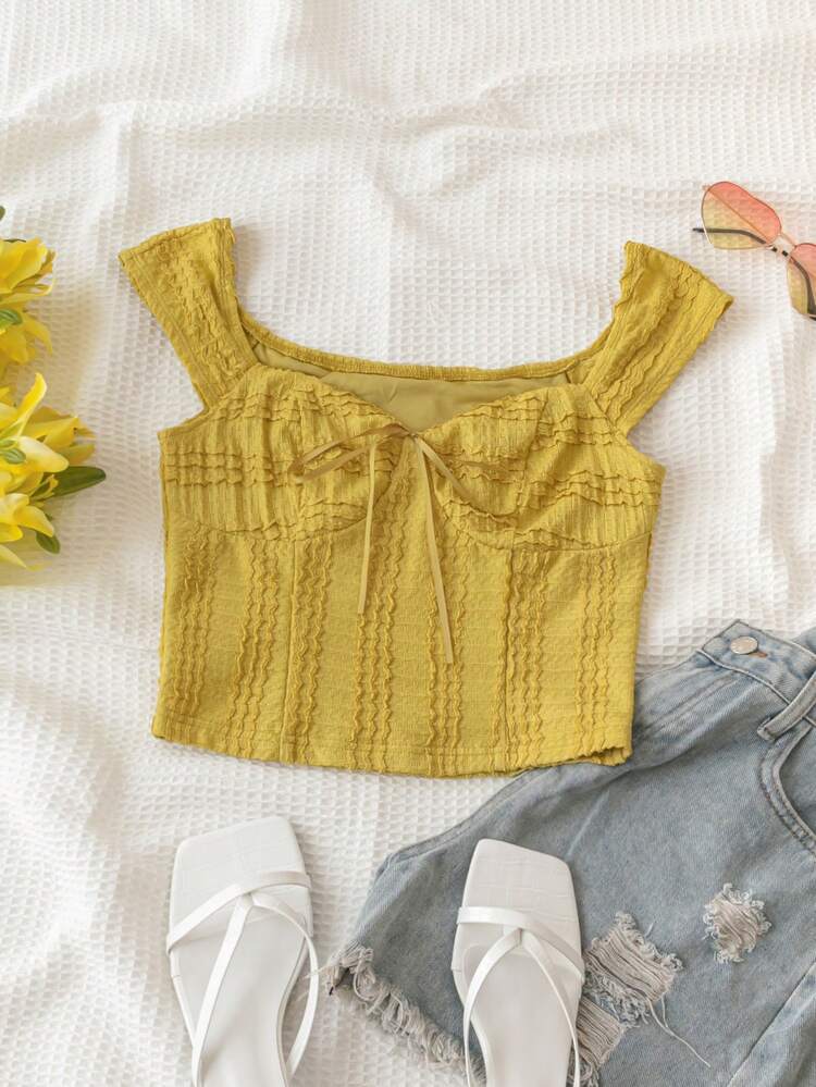 Women's Casual Ribbon Decorated Knitted Texture T-Shirt For Holiday