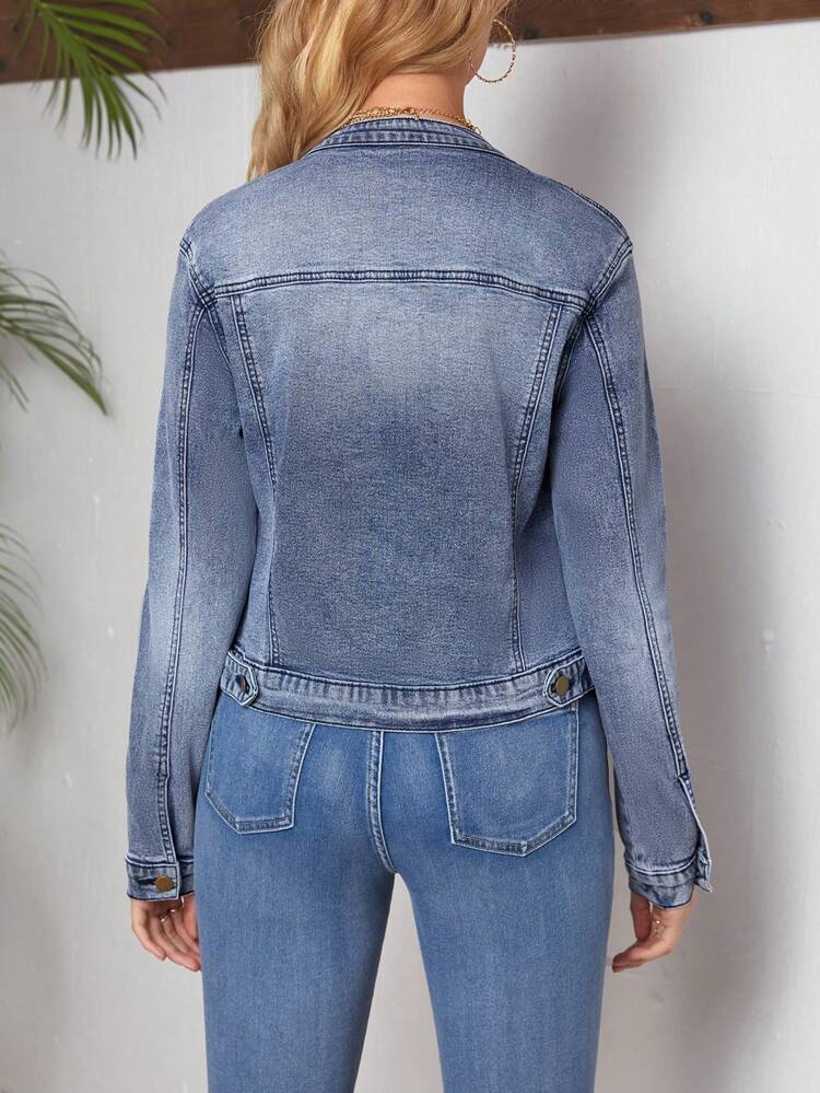 Women's Stand Collar Zipper Front Long Sleeve Denim Jacket