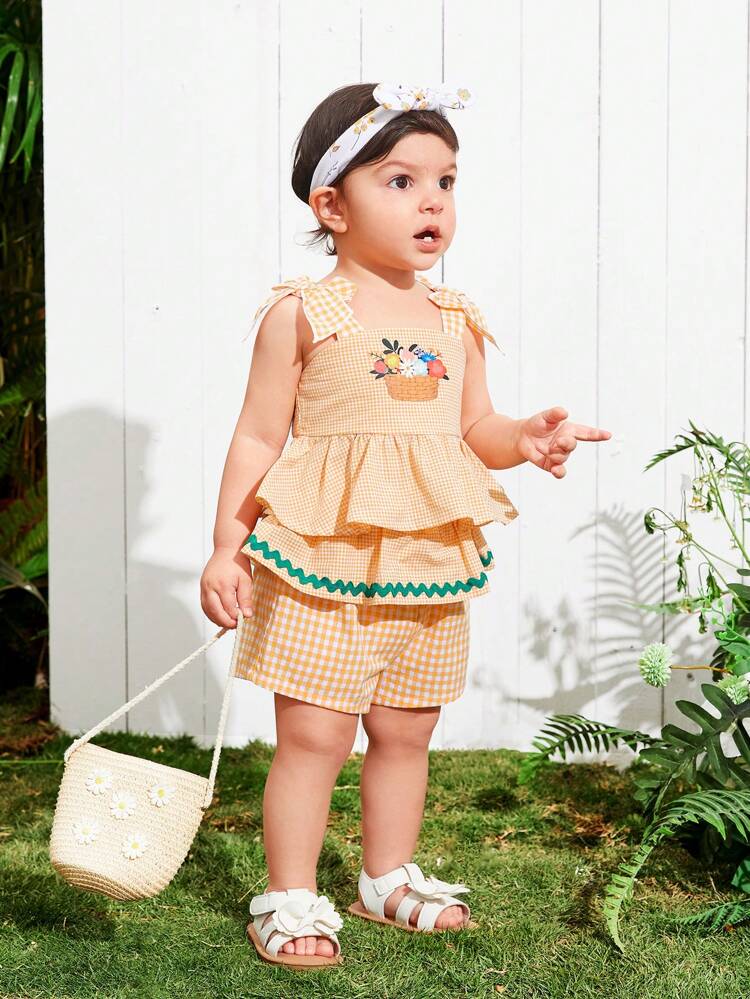 Baby Girl Cute Summer Holiday Plaid & Floral Pattern Tank Top With Shorts Set