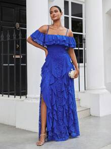 SHEIN Belle 優雅、浪漫、女性化、柔和的皇家藍色雪紡對比蕾絲，春季婚禮季節，細肩帶、露肩層疊水母荷葉邊，柔軟高腰人魚A字型裙，音樂節假期，復活節返鄉，畢業典禮，舞會派對長裙 - 藍色 - 查看 7