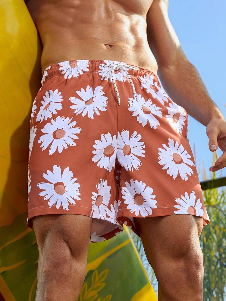Men'S Floral Printed Drawstring Beach Shorts