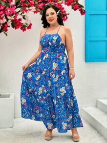 Dreamara Plus Size Backless Halter Neck Floral Print Sundress With Tassel Ties - Multicolor - View 6