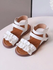 1pair Girls' Pearl Decorated Pu High-Top Flat Sandals, Suitable For Summer