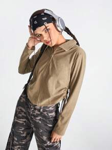 Streetz SHEIN Sport Solid Color Zipper Front Long Sleeve Sports Jacket - Camel - View 1