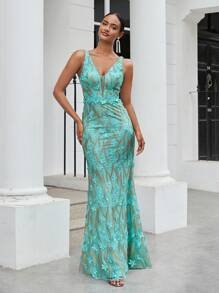 SHEIN Belle Váy dạ hội đuôi cá không tay họa tiết cỏ ba lá ngày thánh Patrick dành cho nữ, đính sequin lấp lánh và lưới tương phản - màu xanh lá - Xem 6