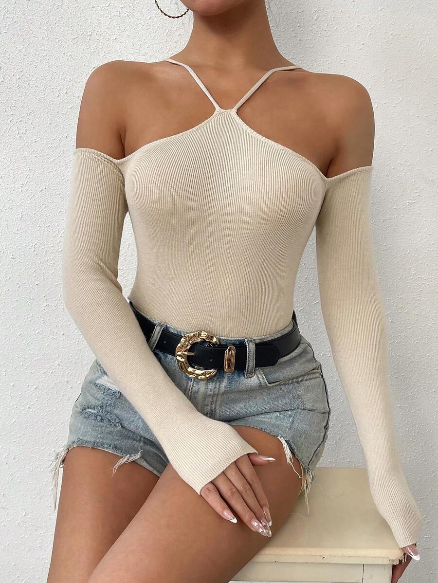SHEIN Unity Women's Solid Color Cold-Shoulder Long Sleeve Sweater - White - View 1