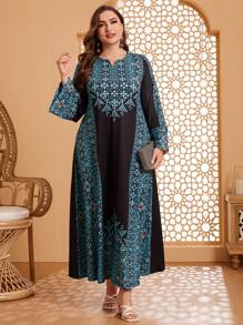 Al Najma Plus Size Floral Patchwork Notched Neckline Flare Sleeve Jalabiya Dress With Cutout Detail - Multicolor - View 5