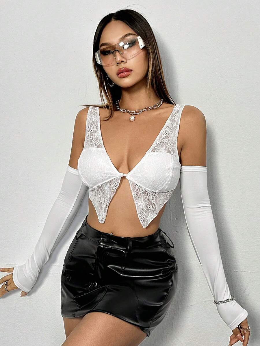 SHEIN Unity Women's Lace Spliced Open Shoulder Long Sleeve Mesh Top