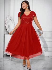 Cravure Plus Size Women's Glitter Sequin Patchwork Cape Sleeve Dress For New Year Clothes Maxi Women Outfit Wedding - Red - View 5