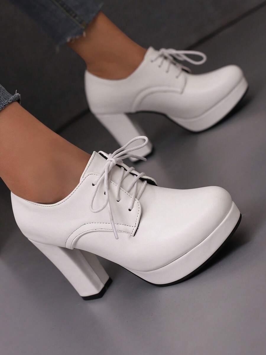 女士用白色水台高跟鞋,鞋帶皮革和厚跟 - 白色 - 查看 1