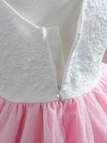 SHEIN Glamorique Kids Baby Girl's Elegant Mesh Dress With Bow Decor And Contrasting Jacquard - White - View 3