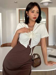 DAZY Contrast Belt Split Hem Ribbed Bodycon Dress Sundress,Casual Women Dresses - Brown - View 3