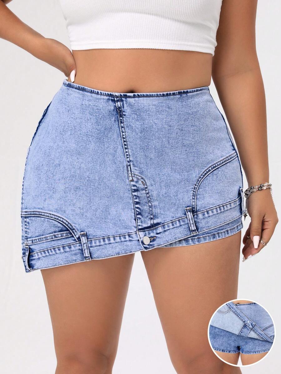 SHEIN ICON Kích thước lớn Của phụ nữ Viền bất đối xứng Denim Skorts - Rửa nhẹ - Xem 1