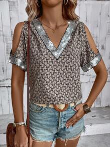 SHEIN LUNE 隨機印花對比色閃光細節空心肩膀上衣 - 彩色 - 查看 1