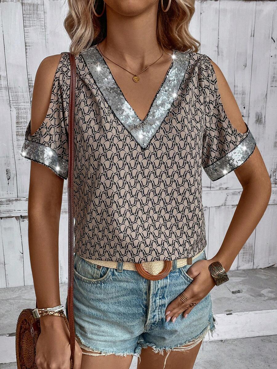 SHEIN LUNE 隨機印花對比色閃光細節空心肩膀上衣 - 彩色 - 查看 1