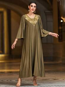Layrah Váy Maxi Kaftan Đính Hạt Trang Trí Thoải Mái Và Nhẹ Không Nhìn Xuyên Thấu Kiểu Ả Rập Dài Tay Khiêm Tốn - xanh quân đội - Xem 5