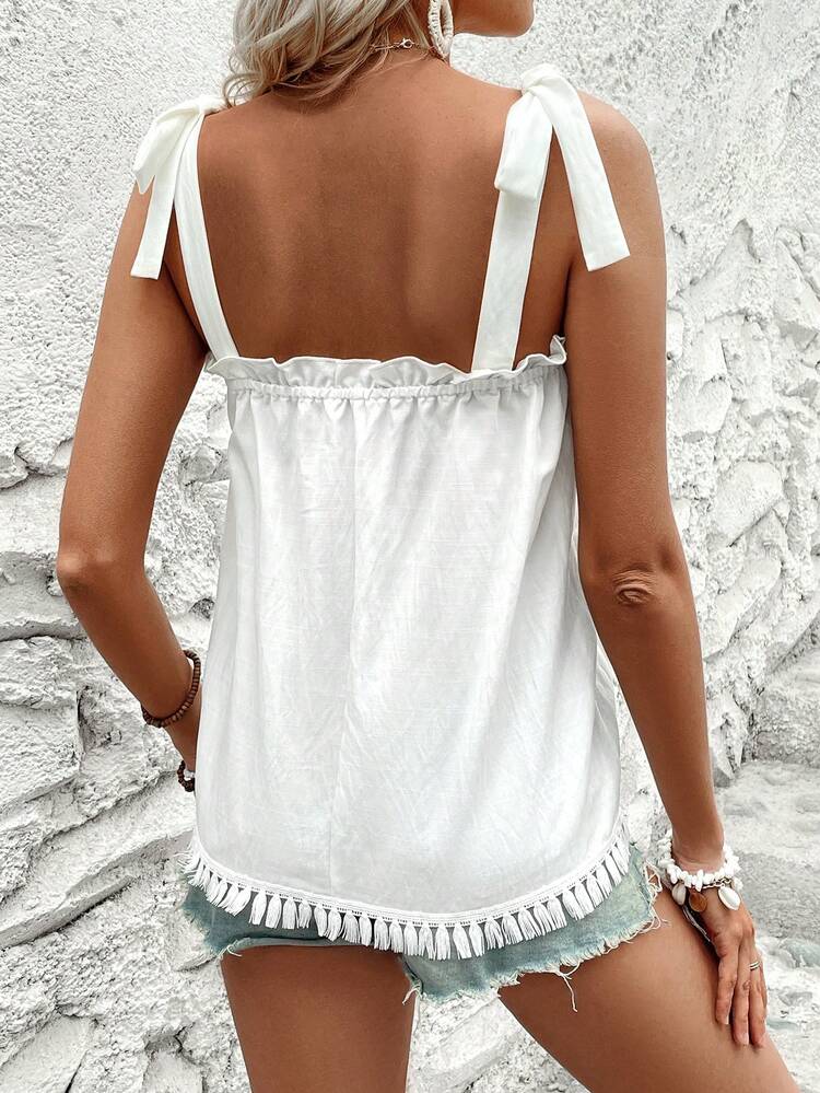 Flower Embroidery Tank Top With Tassel Hem And Frill Edge, Summer For Summer