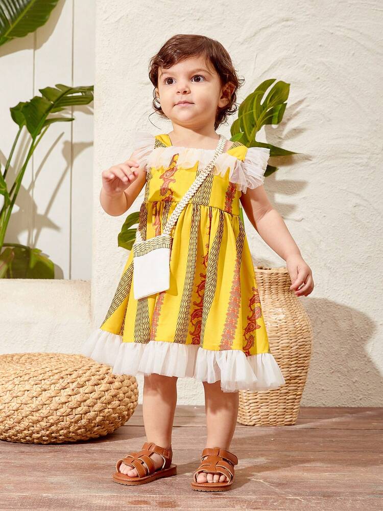 Baby Girl Lovely Vacation Paisley Pattern Splicing Mesh Ruffle Hem Dress With Crossbody Bag Set