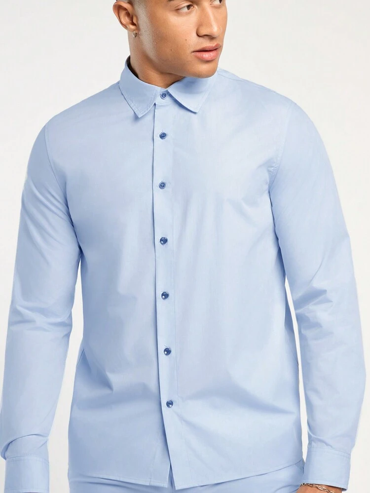 Men's Spring And Summer Casual Fit Light Blue Shirt And Trousers Two-Piece Set