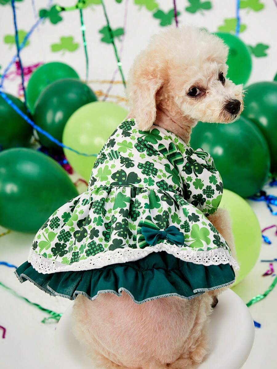 PETSIN St. Patrick's Day Green Shamrock Princess Dress With Petticoat For Pets - Green - View 1