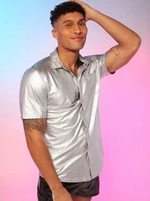 FeverCity Camisa De Hombre De Piel Elástica Metalizada - Plateado - Ver 1