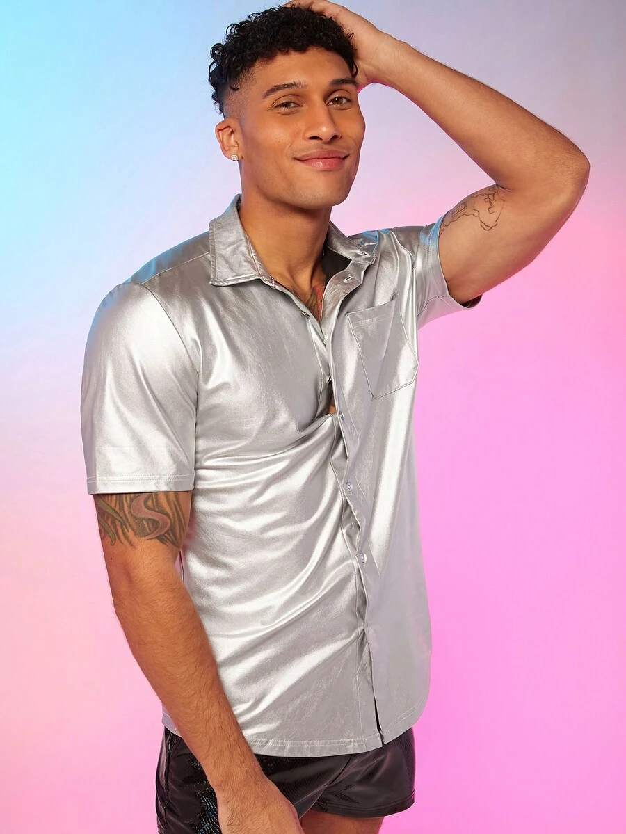 FeverCity Camisa De Hombre De Piel Elástica Metalizada - Plateado - Ver 1