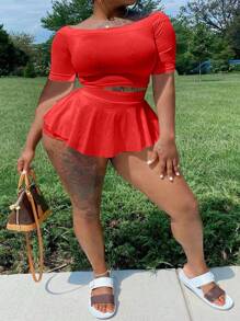 Slaydiva Conjunto De Dos Piezas Para Mujer De Talla Grande Compuesto Por Top Corto Ajustado Al Hombro Y Skorts Con Color Sólido