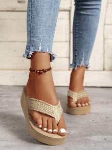 Women's Fashionable Thick-Soled Beach Sandals With  Rope Wedge Heels - Apricot - View 6