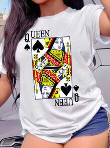 Calvaya Plus Size Queen Of Spades Playing Cards Pattern Round Neck Short Sleeve T-Shirt - White - View 1