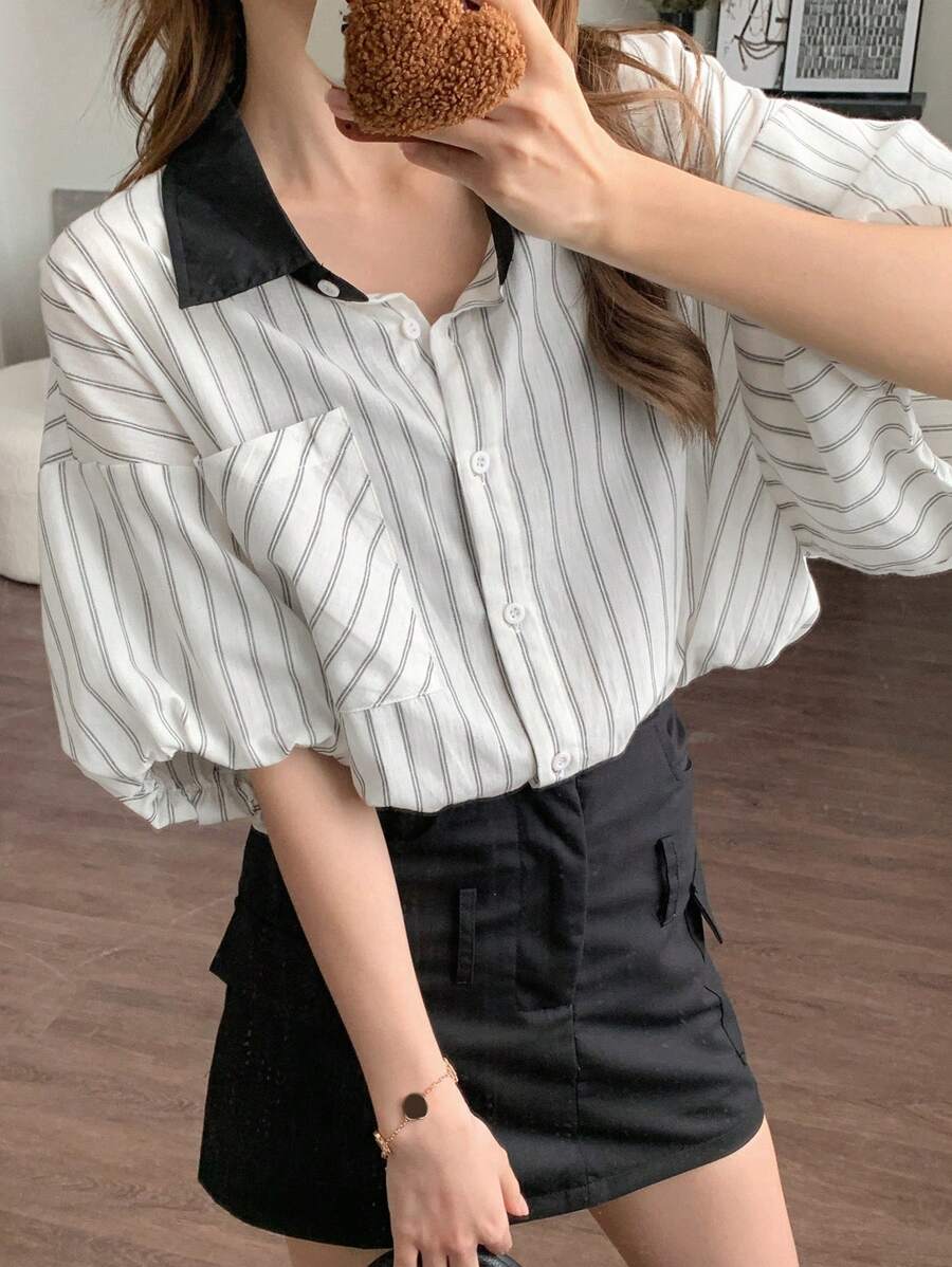 DAZY 女士對比色條紋短袖襯衫