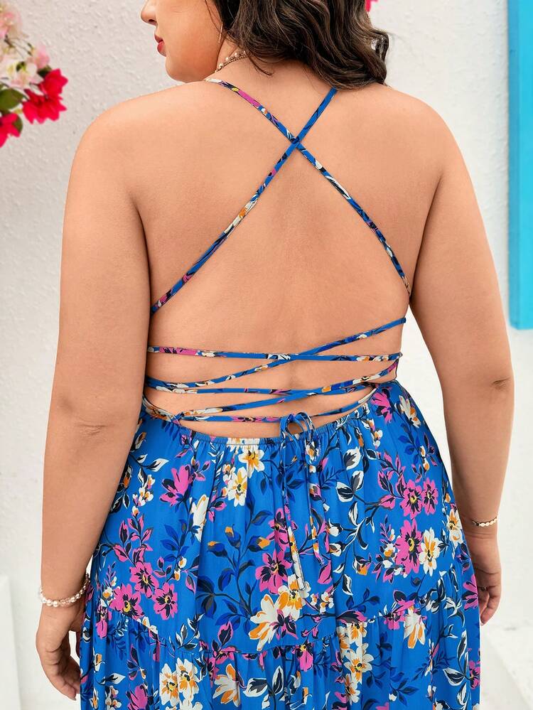 Plus Size Backless Halter Neck Floral Print Sundress With Tassel Ties