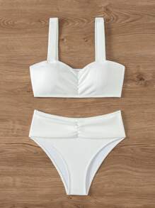 SHEIN Swim Solid Color Bikini Set, High Waisted Bikini Swimwear Bathing Suit Beach Outfit Summer Vacation - White - View 8