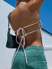 INAWLY 女式純色無肩帶上衣 - 白色 - 查看 2