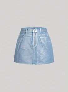 SHEIN 少女牛仔迷你裙，带金属光泽涂层，适合Y2K街头风格 - 粉色 - 查看 1