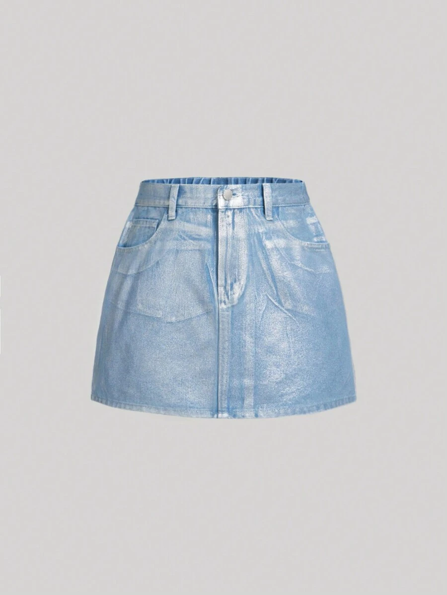 SHEIN 少女牛仔迷你裙，带金属光泽涂层，适合Y2K街头风格 - 粉色 - 查看 1