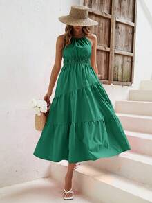 SHEIN VCAY Vestido Sin Mangas Con Cuello Halter Para Mujer, Color Sólido Con Dobladillo Con Volantes - Verde - Ver 6