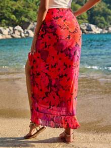 SHEIN VCAY Vacation Spring/Summer Knitted Mesh High Waist Bodycon Skirt With Ruffle Hem