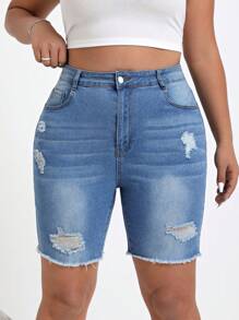 SHEIN EZwear 大碼磨損洗水褪色鬆散牛仔短褲,破褶邊處理 - 藍色 - 查看 1