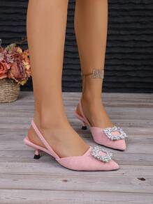 Women's Fashionable Plus Size Pink High Heels - Sexy Rhinestone Decor Buckle Chunky Heel Sandals For Nightclub Party - Pink - View 2