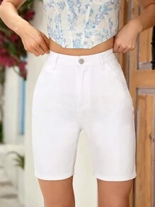 Breezaya 女款純色修身牛仔短褲 - 白色 - 查看 6